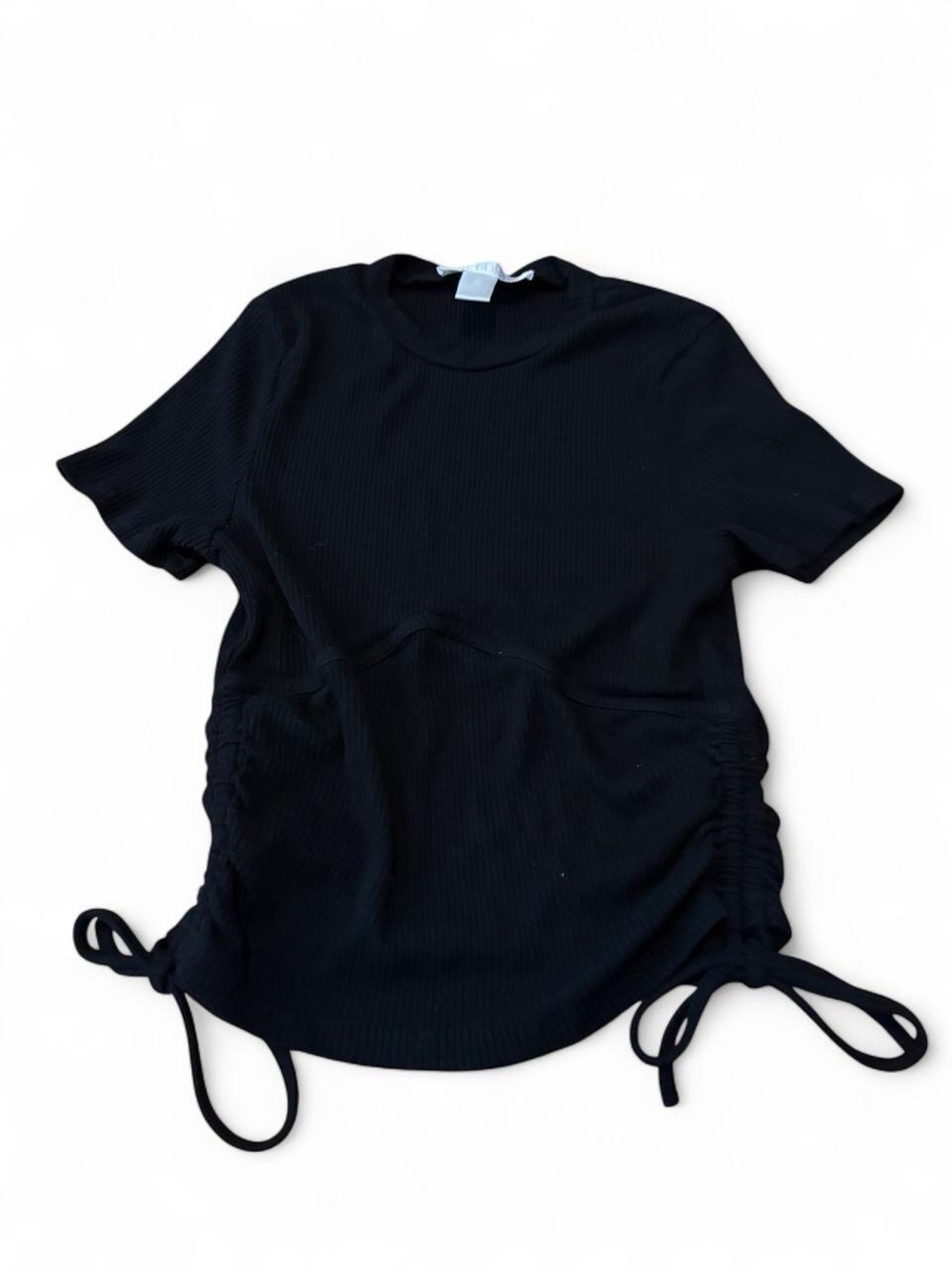 Revamped Black Short Sleeve Ribbed Top with Side Drawstrings